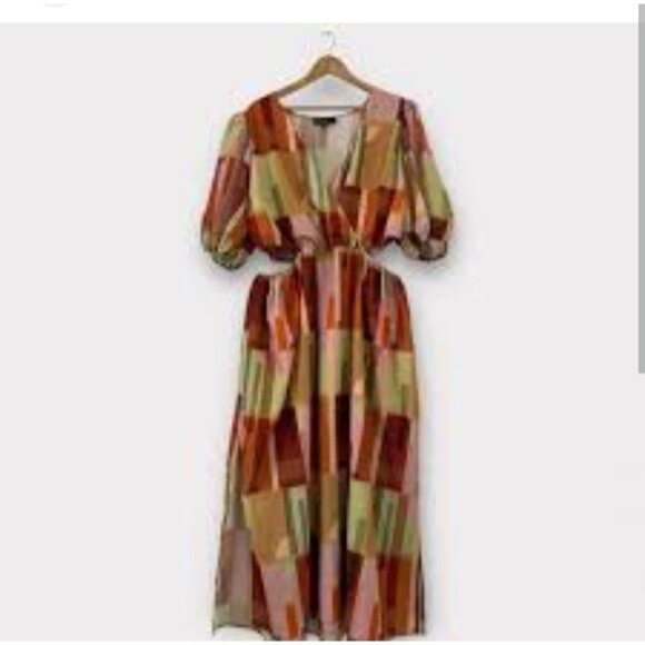 Geometric Print Puff Sleeve Maxi Dress With Belt By Eloquii - Picture 2 of 9